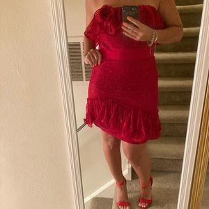 Pearl by Georgina Chapman Marchesa red lace strapless dress